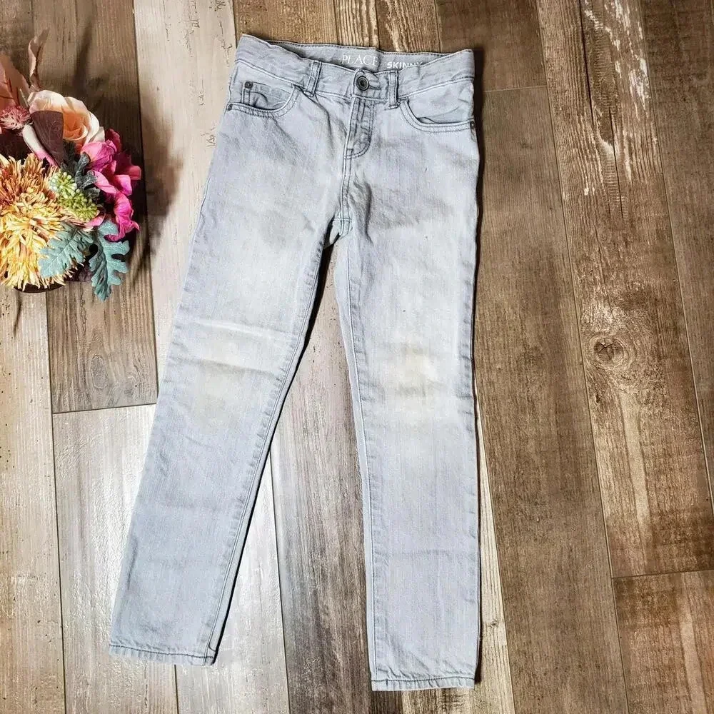 The Children's Place Size 7 Grey Wash Boy's Adjustable Waist Cotton Skinny Jeans